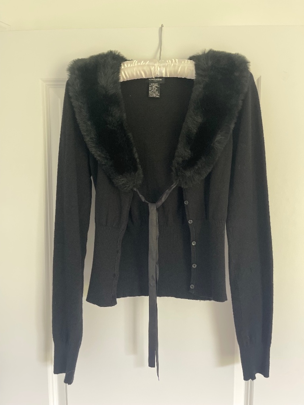 Eyeshadow Y2K Faux Fur Sweater With Button & Tie Closure Black Size Small